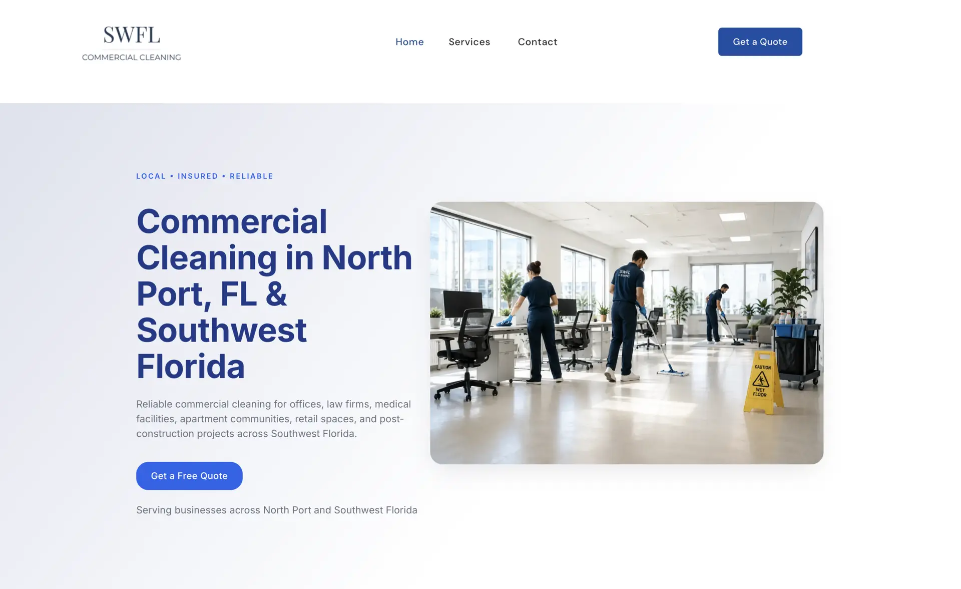 Custom website design for SWFL Commercial Cleaning, a North Port, FL commercial cleaning company, built by Lebe's Web Design